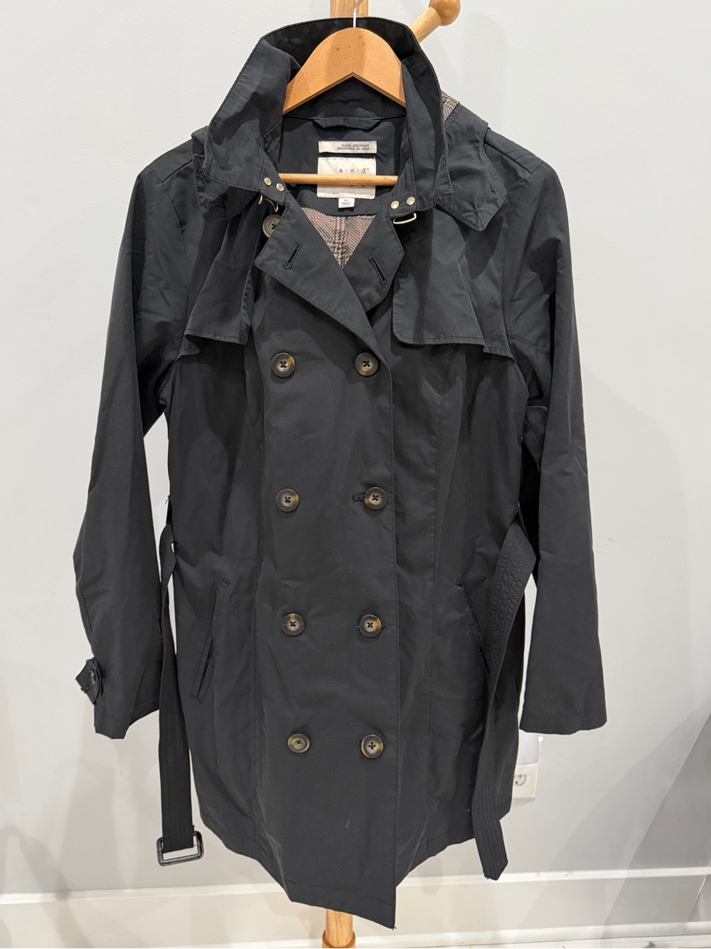a new day | Black Double-Breasted Trench Coat with Belt and hood | Size XL